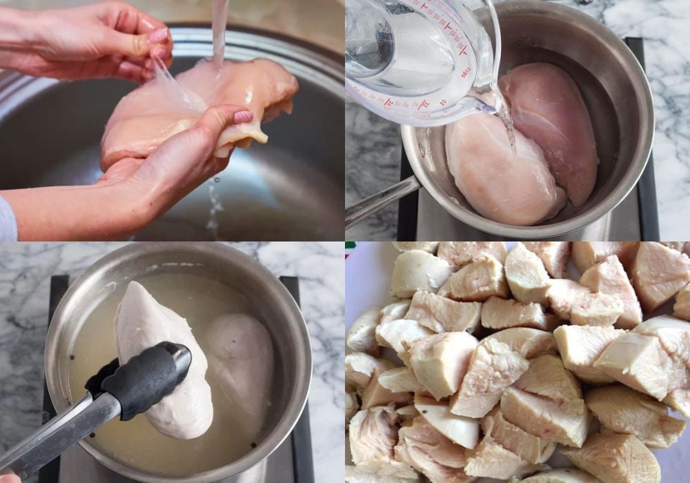 Luộc chín và xé nhỏ ức gà